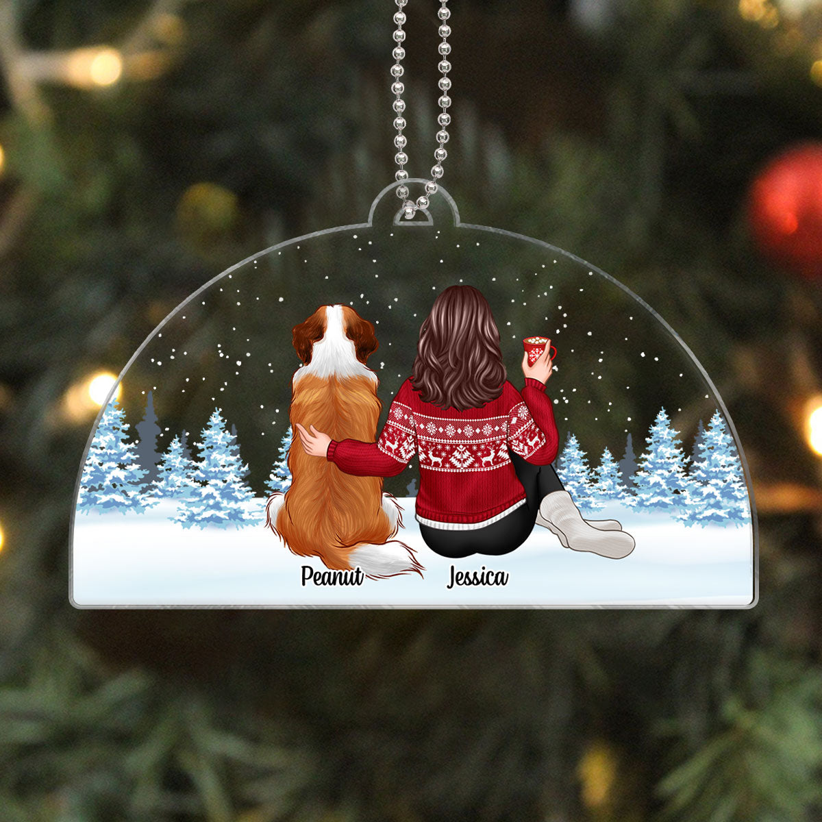Woman And Dogs Sitting Back View Personalized Acrylic Ornament, Christmas Gift For Dog Mom