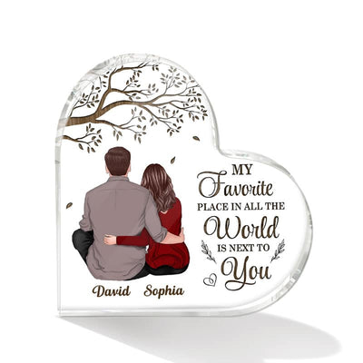 Back View Couple Sitting Under Tree Personalized Acrylic Heart Plaque