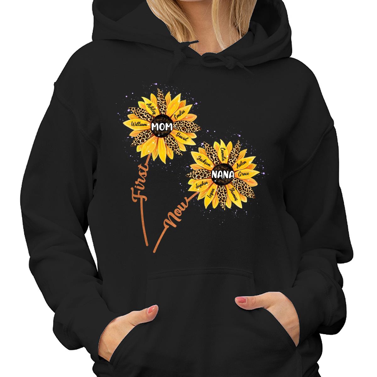 First Mom Now Grandma Sunflower Grandkids Names Personalized Shirt