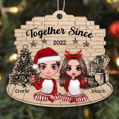 Christmas Sketch Background Pajamas Doll Couple Sitting Personalized Wooden Ornament
