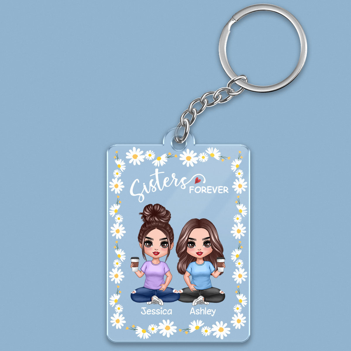 Daisy Flower Frame Doll Besties Sisters Sitting Personalized Acrylic Keychain