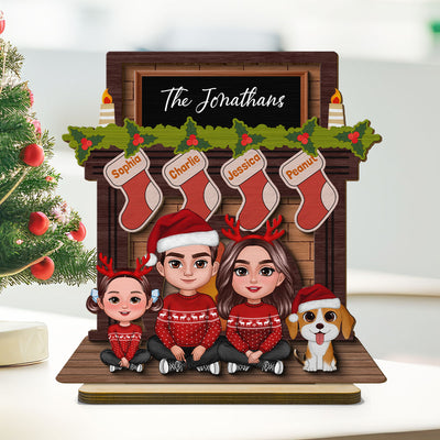 Whole Family Sitting At Christmas Fireplace Personalized 2-Layer Standing Wooden Plaque