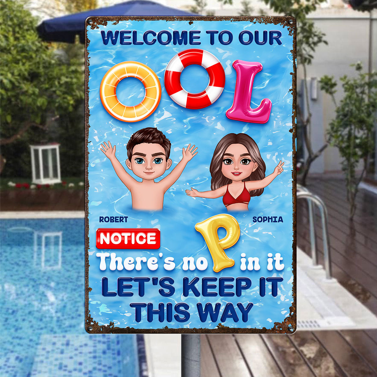 Funny Summer Family Couple Welcome To Our Pool No P Personalized Metal Sign