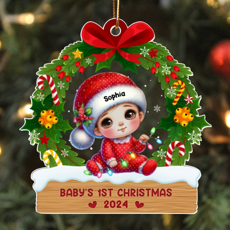Baby's First Christmas Wreath Personalized Acrylic Ornament, Baby's First Christmas Keepsake for New Mom New Dad