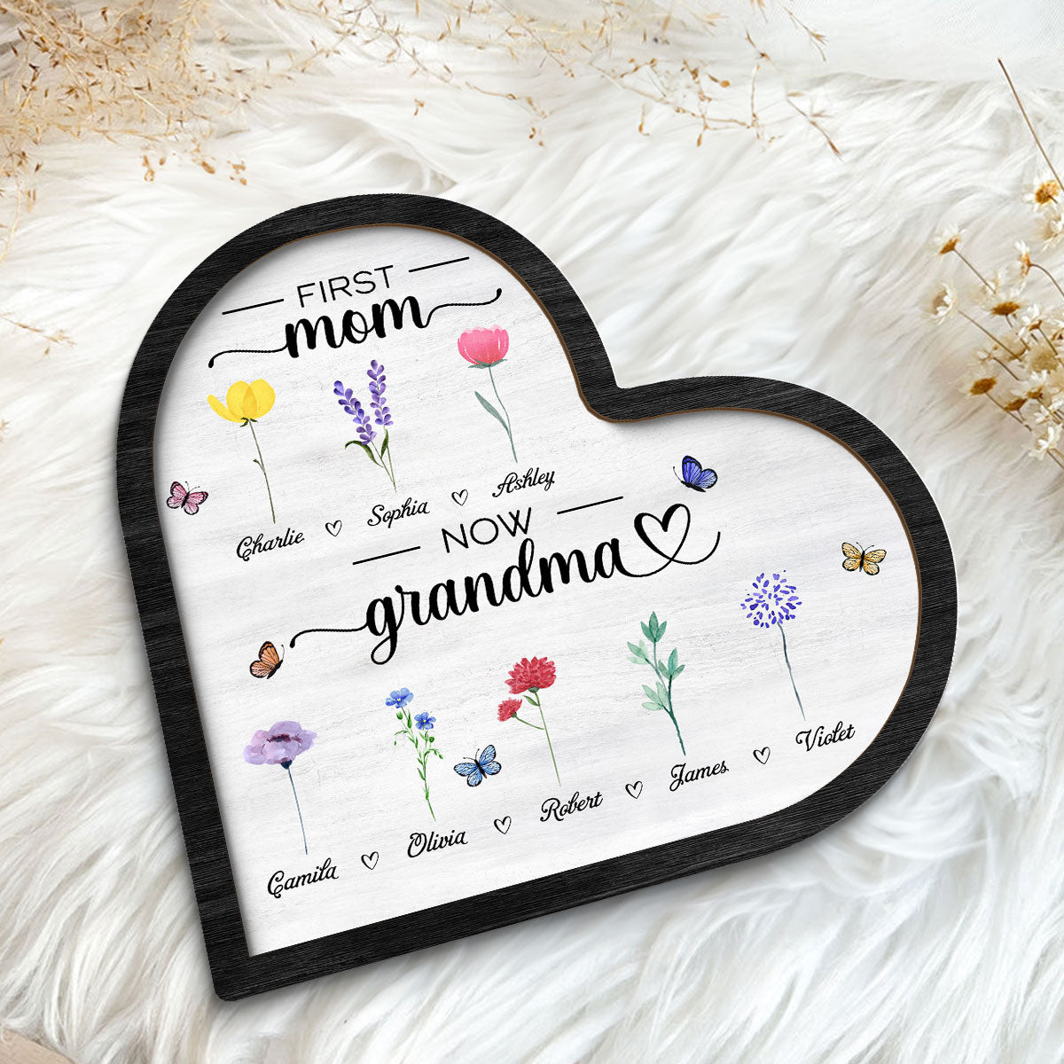 First Mom Now Grandma Birth Month Flowers Heart Shaped Personalized 2-Layer Wooden Plaque