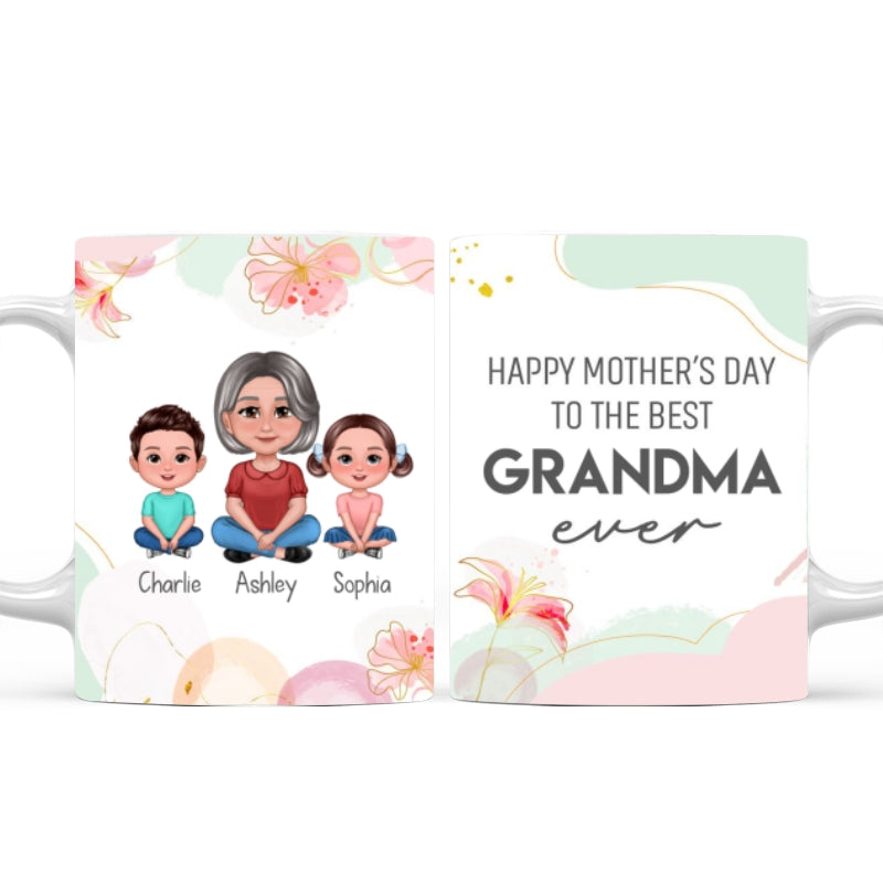 Happy Mother‘s Day Best Grandma Ever Pretty Woman & Kids Watercolor Abstract Personalized Mug
