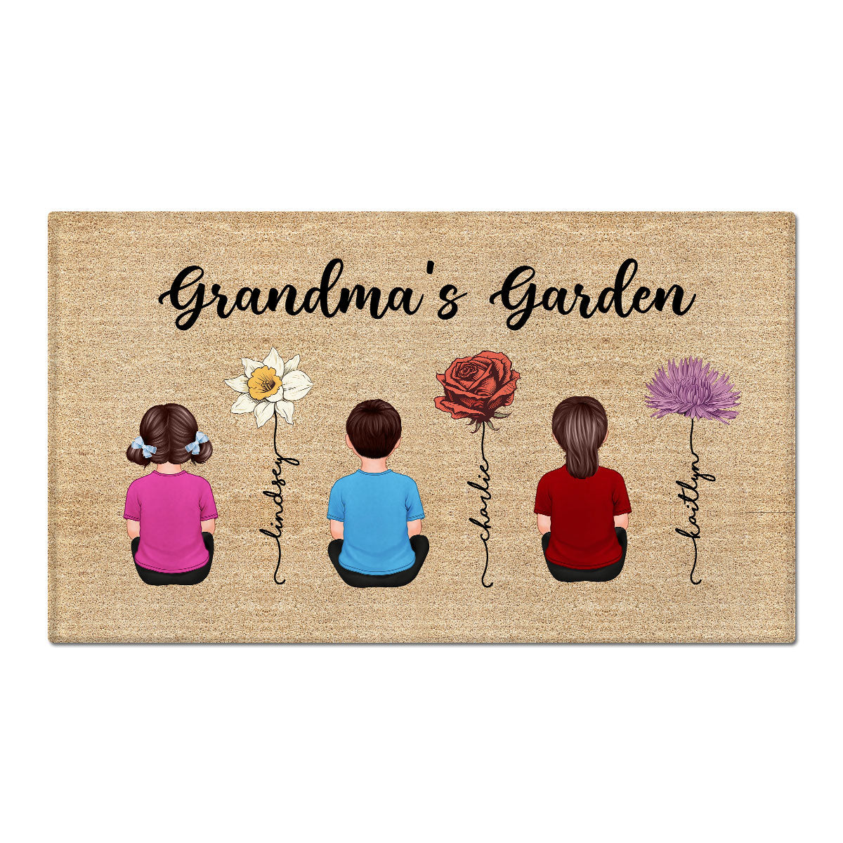 Grandkids Sitting Grandma Garden Vintage Birth Month Flowers Personalized Doormat