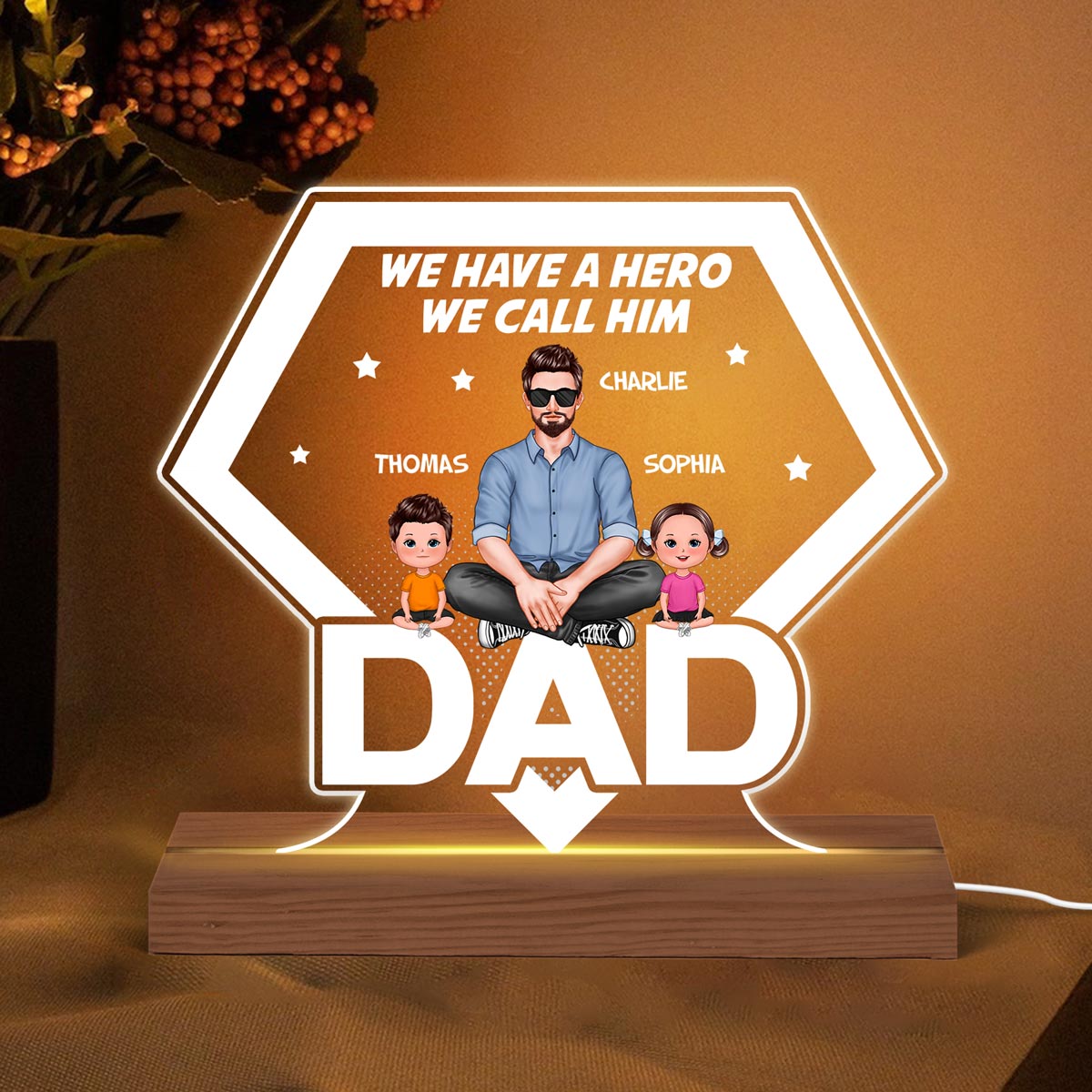 Hero Dad Real Man And Kids Personalized Acrylic Custom Shape LED Night Light