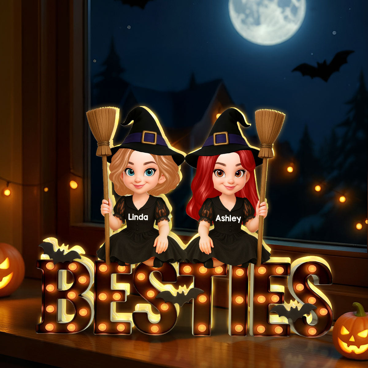 Halloween Besties Sisters Witches Sitting On Marquee Personalized Light Box