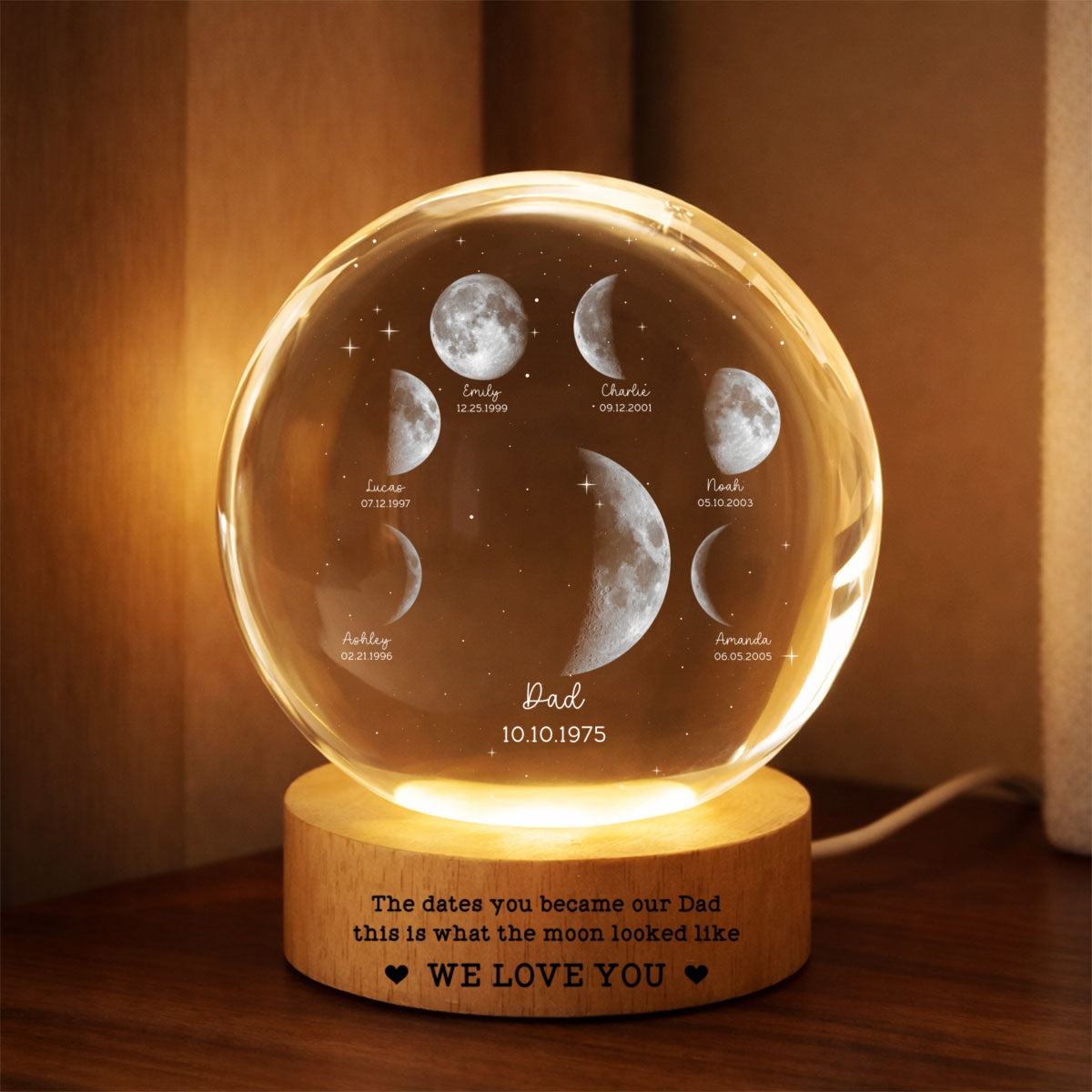 The Date You Became Our Dad - Personalized Crystal Ball LED Night Light - Custom Moon Phase by Date, Father's Day Gift for Dad, Husband
