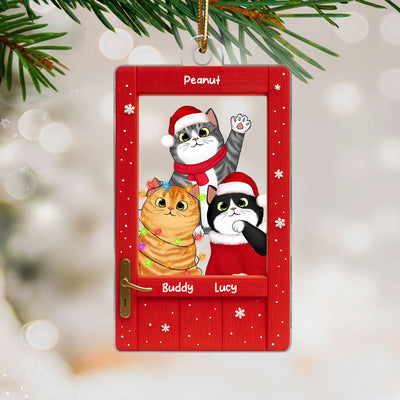 Cute Cats Peeking on the Front Door Personalized Acrylic Ornament, Christmas Gift for Cat Lovers