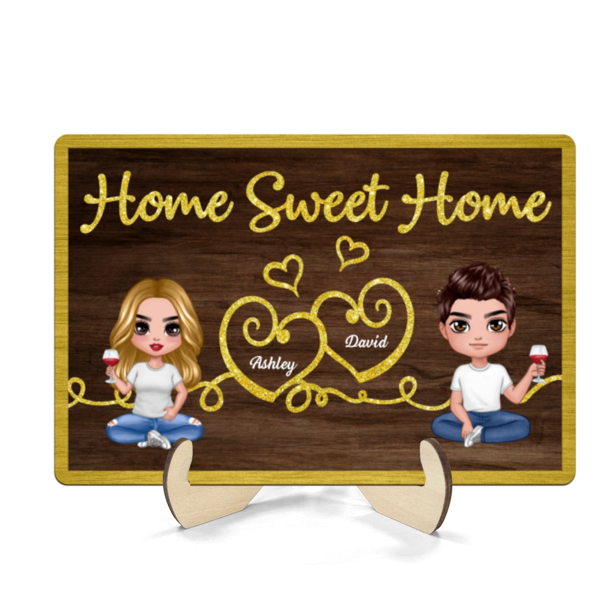 Doll Couple Sitting Home Sweet Home Valentine‘s Day Gift For Him For Her Personalized 2-Layer Wooden Plaque