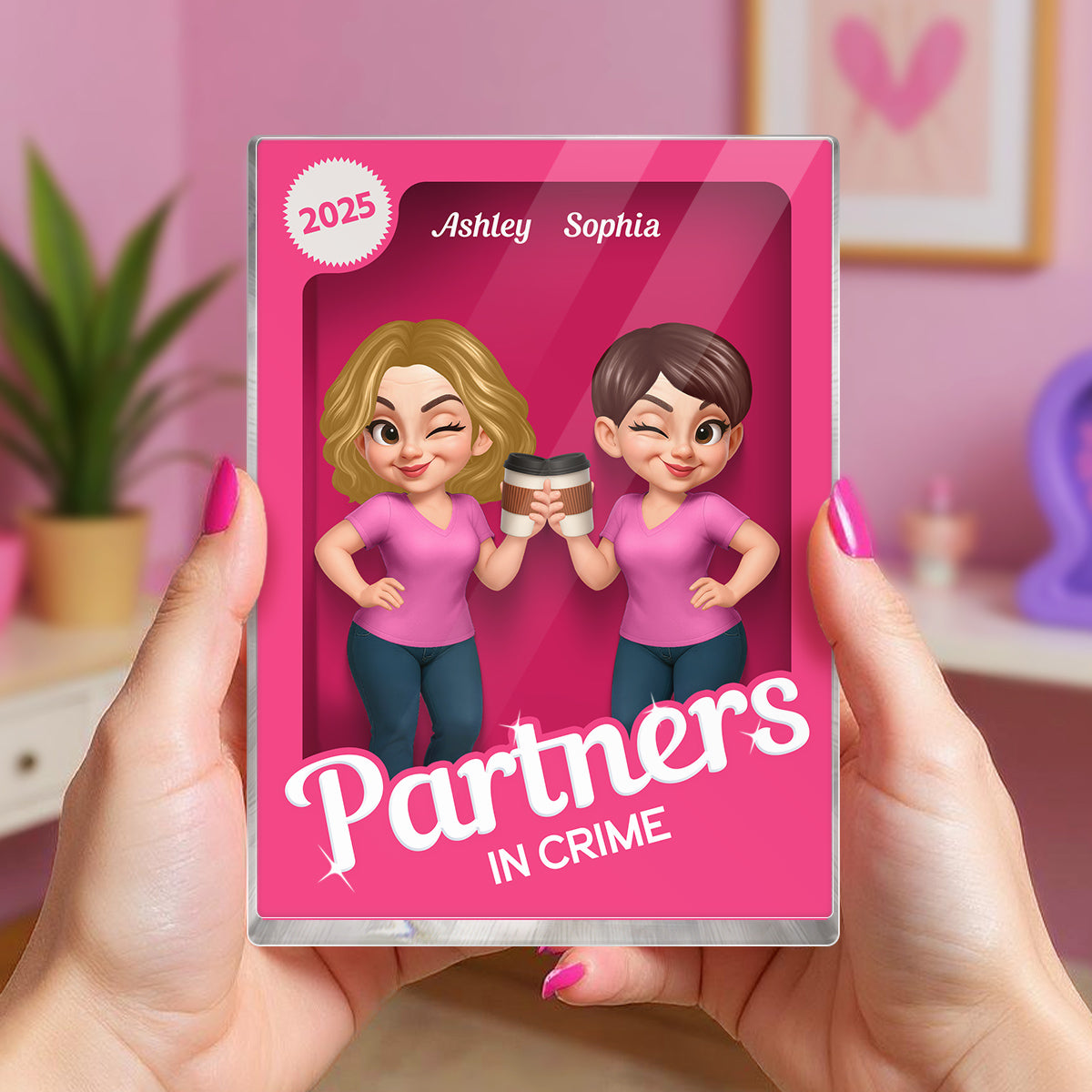 Besties Forever Pink Action Figure 3D Effect Personalized Acrylic Block, Meaningful Gift For Best Friend