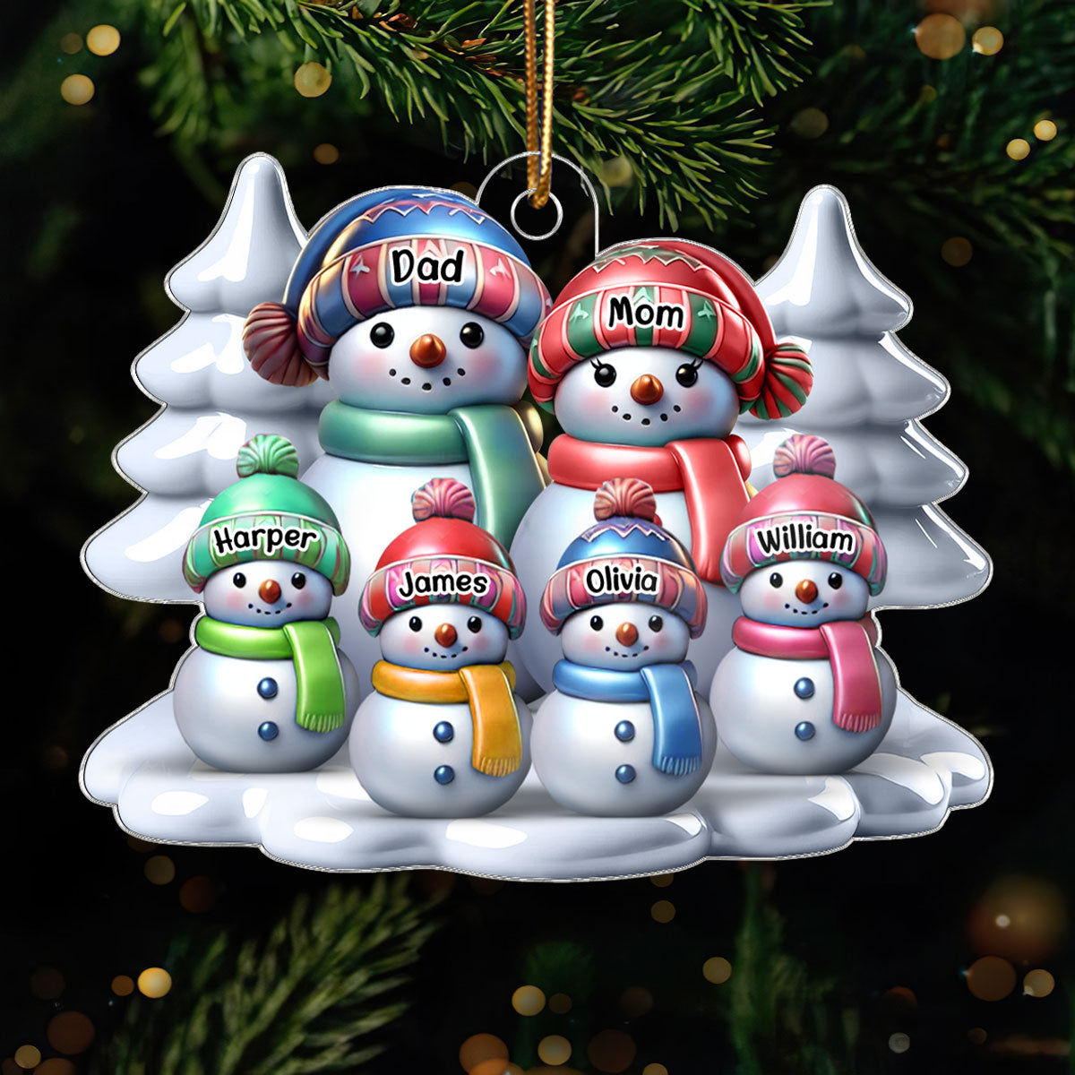 3D Effect Winter Snowmen Happy Family Dad Mom Grandpa Grandma With Kids Personalized Acrylic Ornament