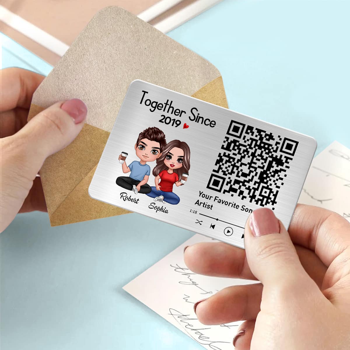 Doll Couple Sitting Together Favorite Song Scannable QR Code Personalized Metal Wallet Card