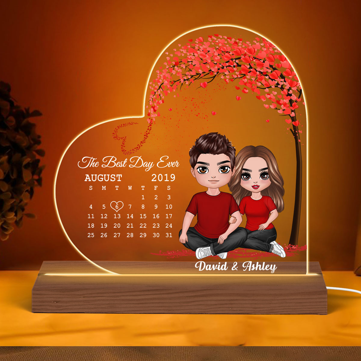 Embracing Doll Couple Sitting Under Red Heart Tree Calendar Anniversary Date Personalized Heart Custom Shape LED Night Light
