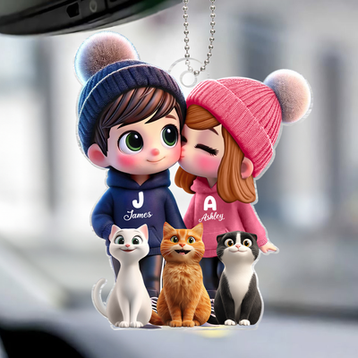 3D Effect Cute Cartoon Couple And Cats Personalized Car Ornament, Perfect Gift for him, Gift for her