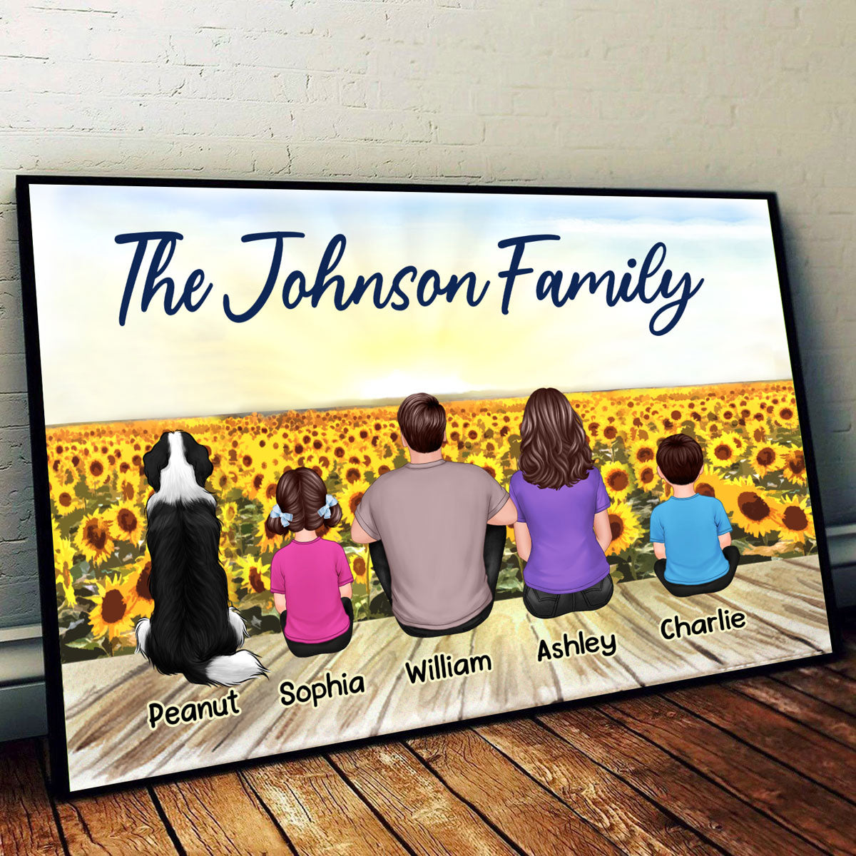 Family Sitting Back View Sunflower Field Dad Mom Kids Dog Cat Personalized Horizontal Poster
