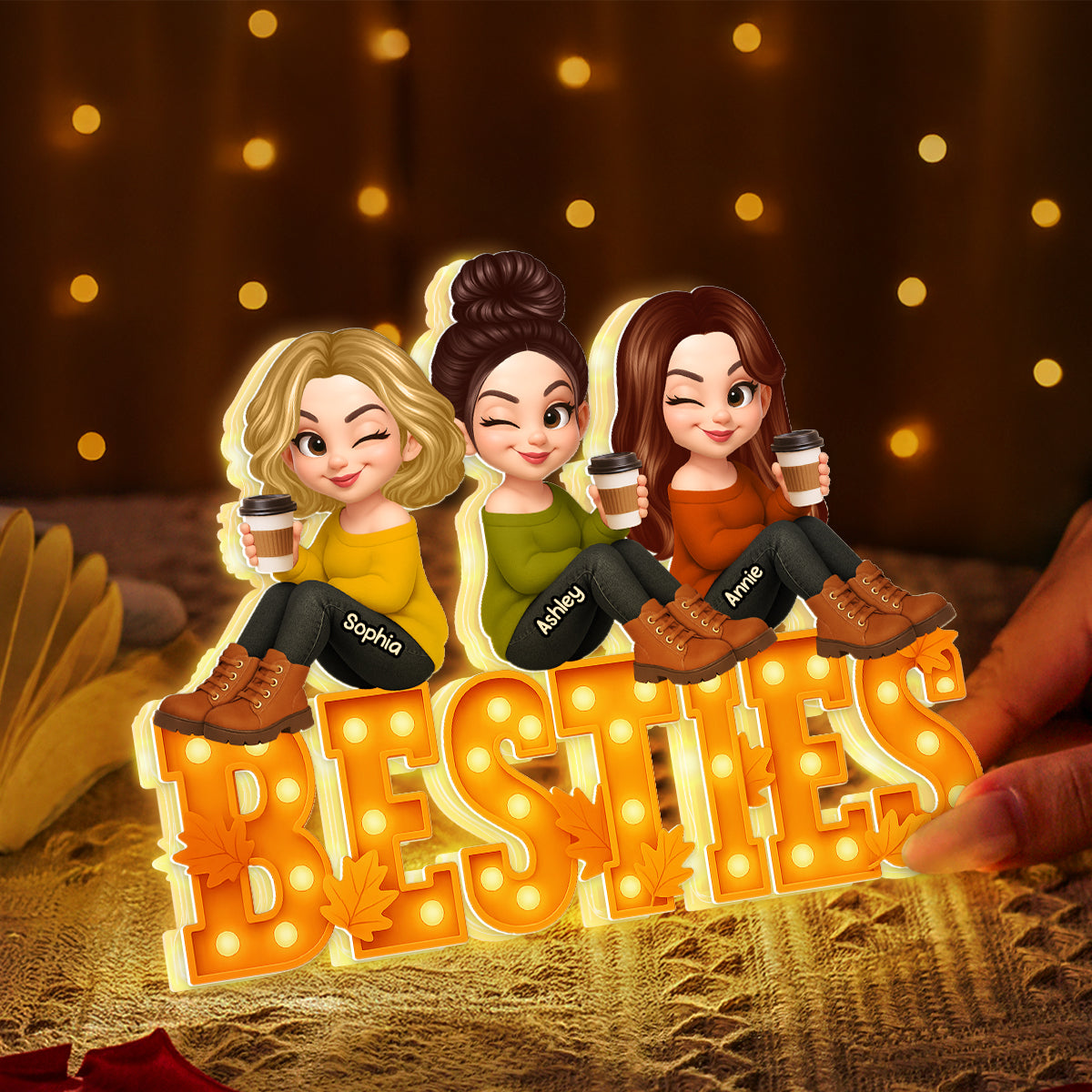 Fall Season Besties Sitting Marquee Pattern Texture Letters Personalized LED Light Box