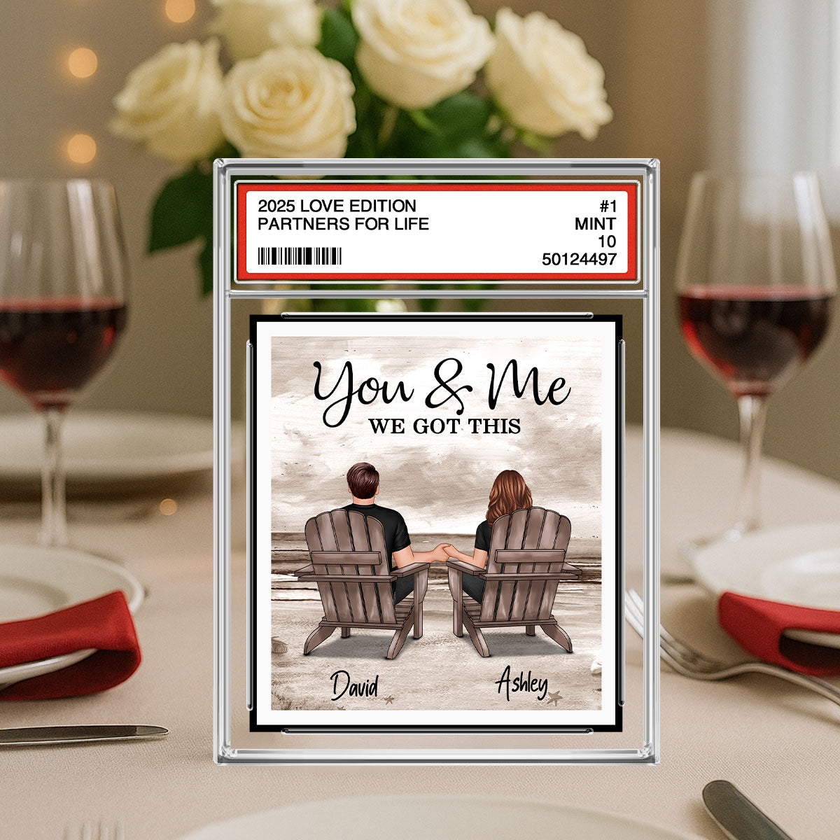 Couple Back View At Beach Trading Card Style Personalized Acrylic Block Plaque, Gift For Him, Gift For Her