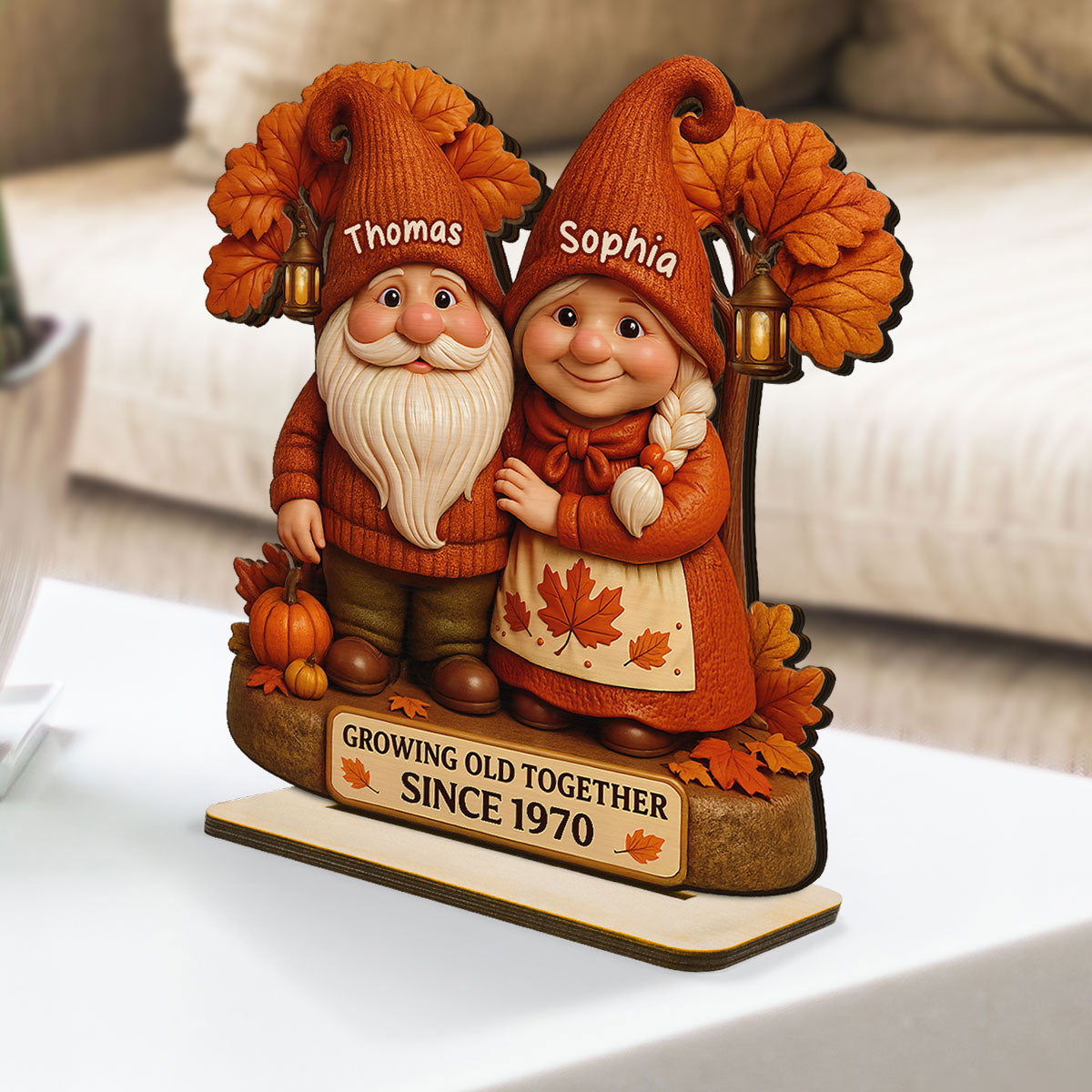 3D Effect Fall Season Gnome Couple Growing Old Together Personalized Standing Wooden Plaque