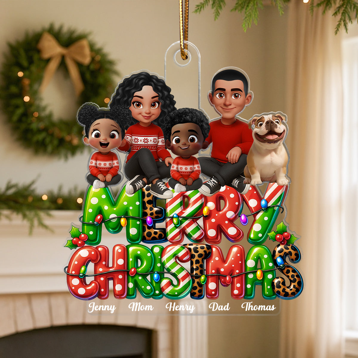 Merry Christmas 2025 Family Sitting on Text Personalized Acrylic Ornament, Christmas Gift for Husband, Wife, Kid