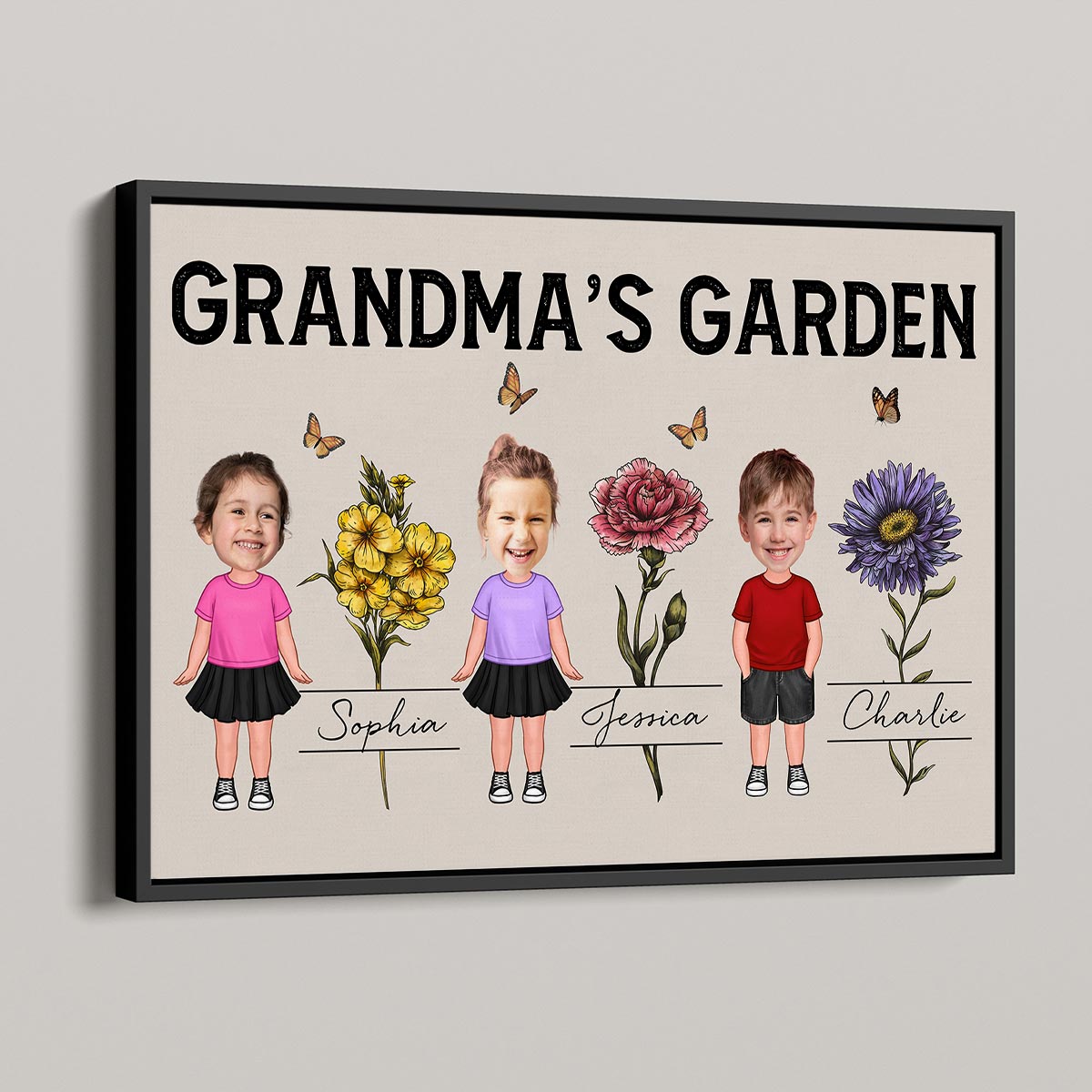 Custom Grandkids Photo Grandma‘s Garden Beautiful Vintage Birth Month Flower Personalized Horizontal Poster