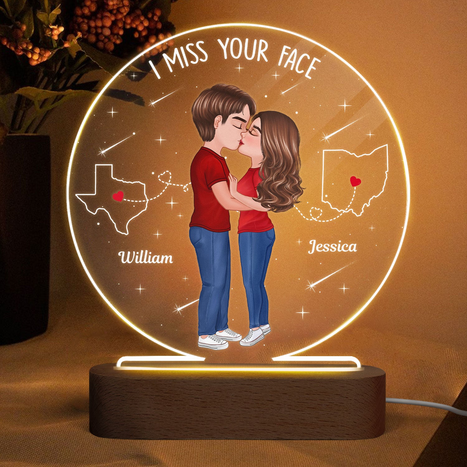 Long Distance Couple Kising State Map Personalized Circle Acrylic LED Night Light