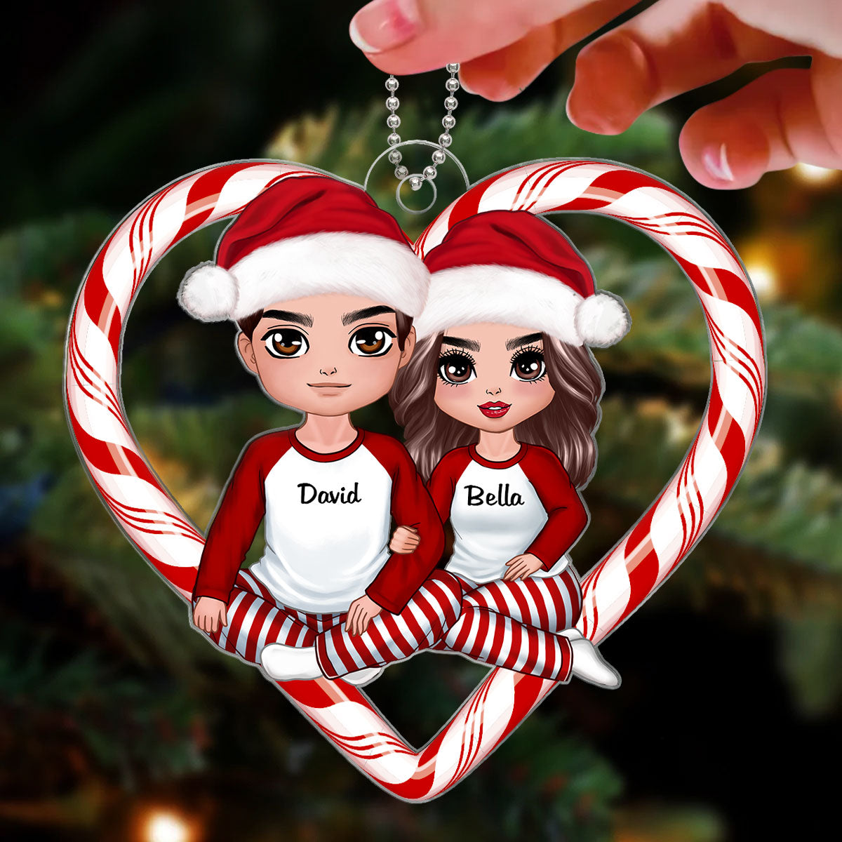 Christmas Doll Couple Sitting Candy Cane Heart Personalized Acrylic Ornament