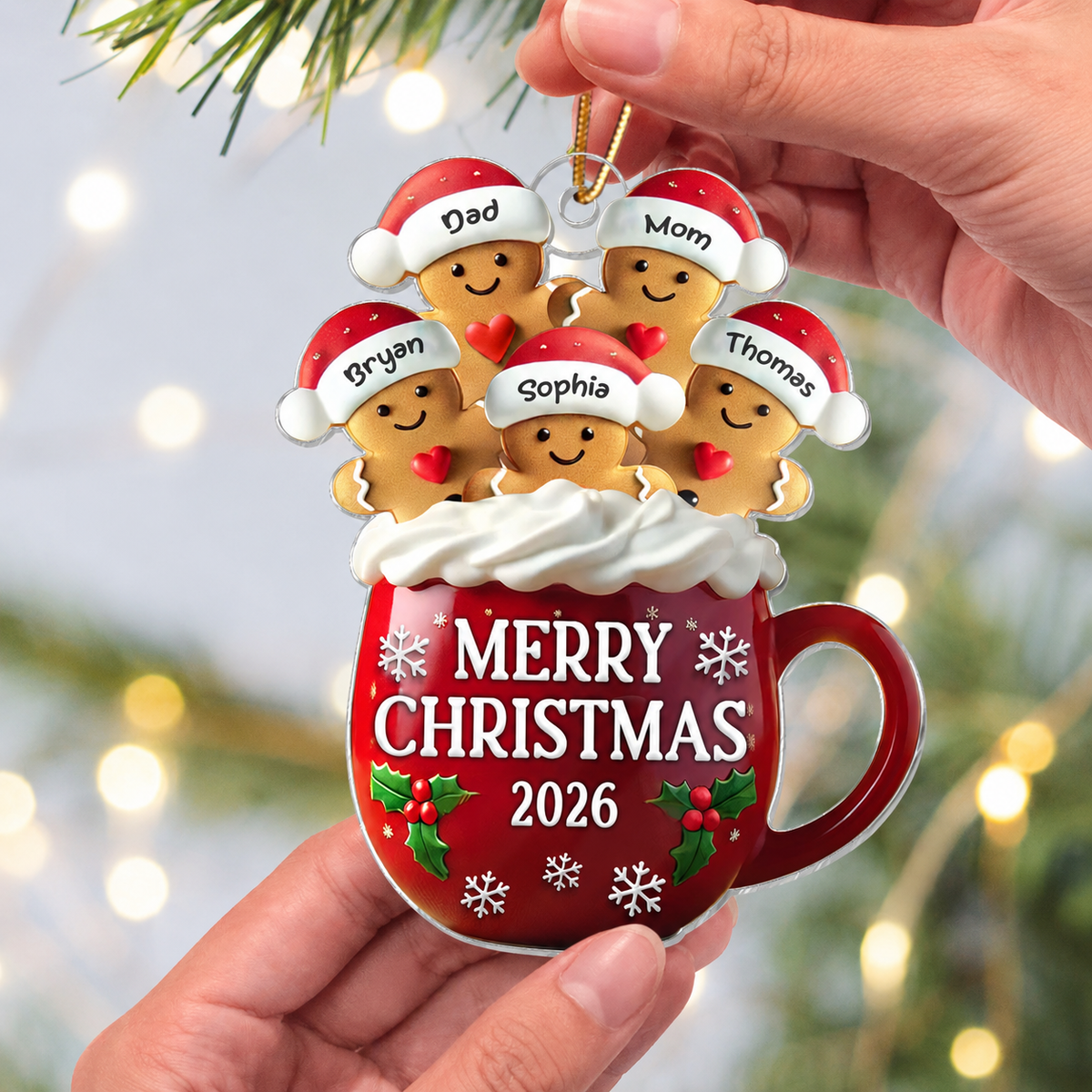 3D Effect Gingerbread Family In Hot Cocoa Christmas Decor Personalized Acrylic Ornament