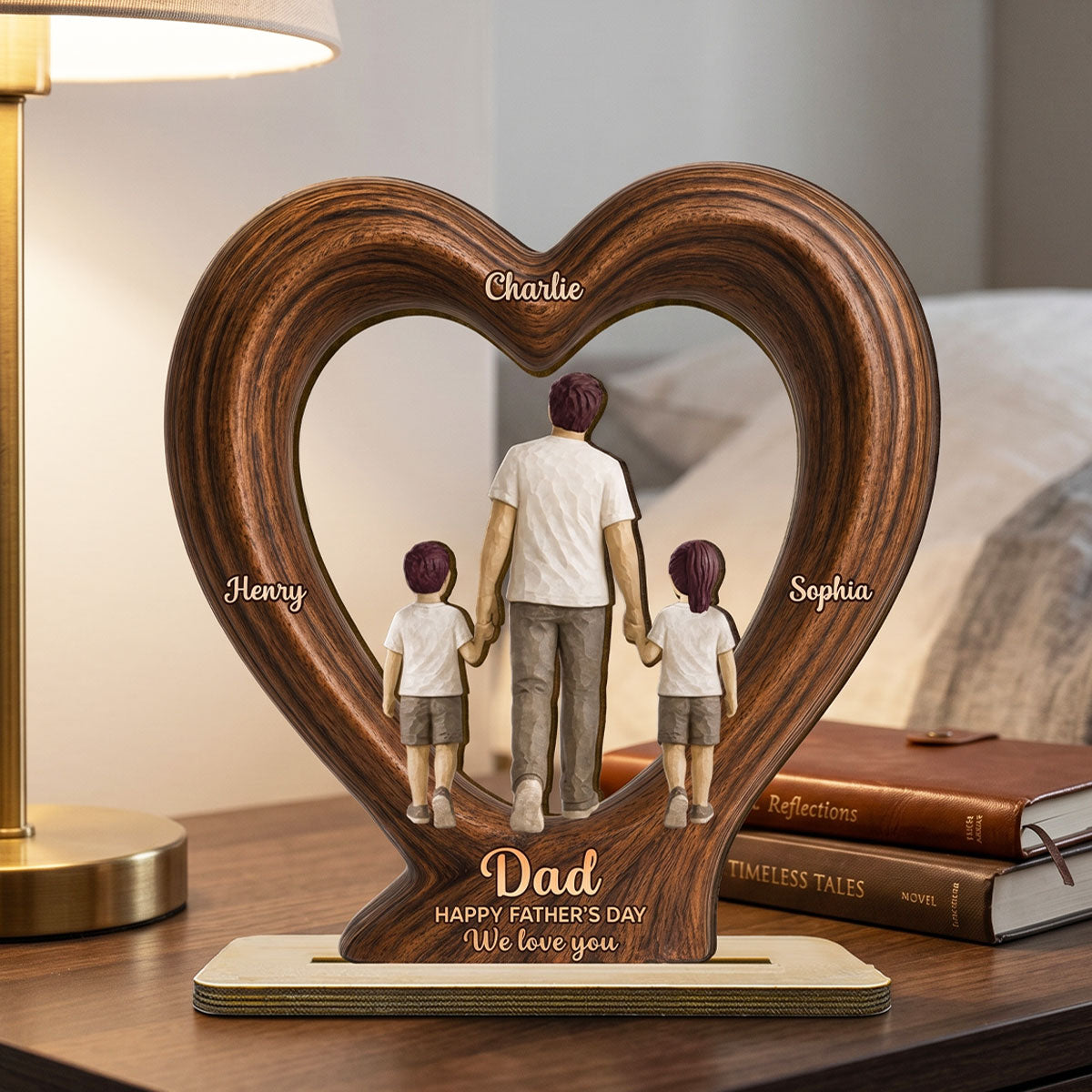Sentimental Rustic Dad And Kids Walking In Heart 2D Flat - Personalized 2-Layered Wooden Plaque - Father's Day Gift For Dad, Husband