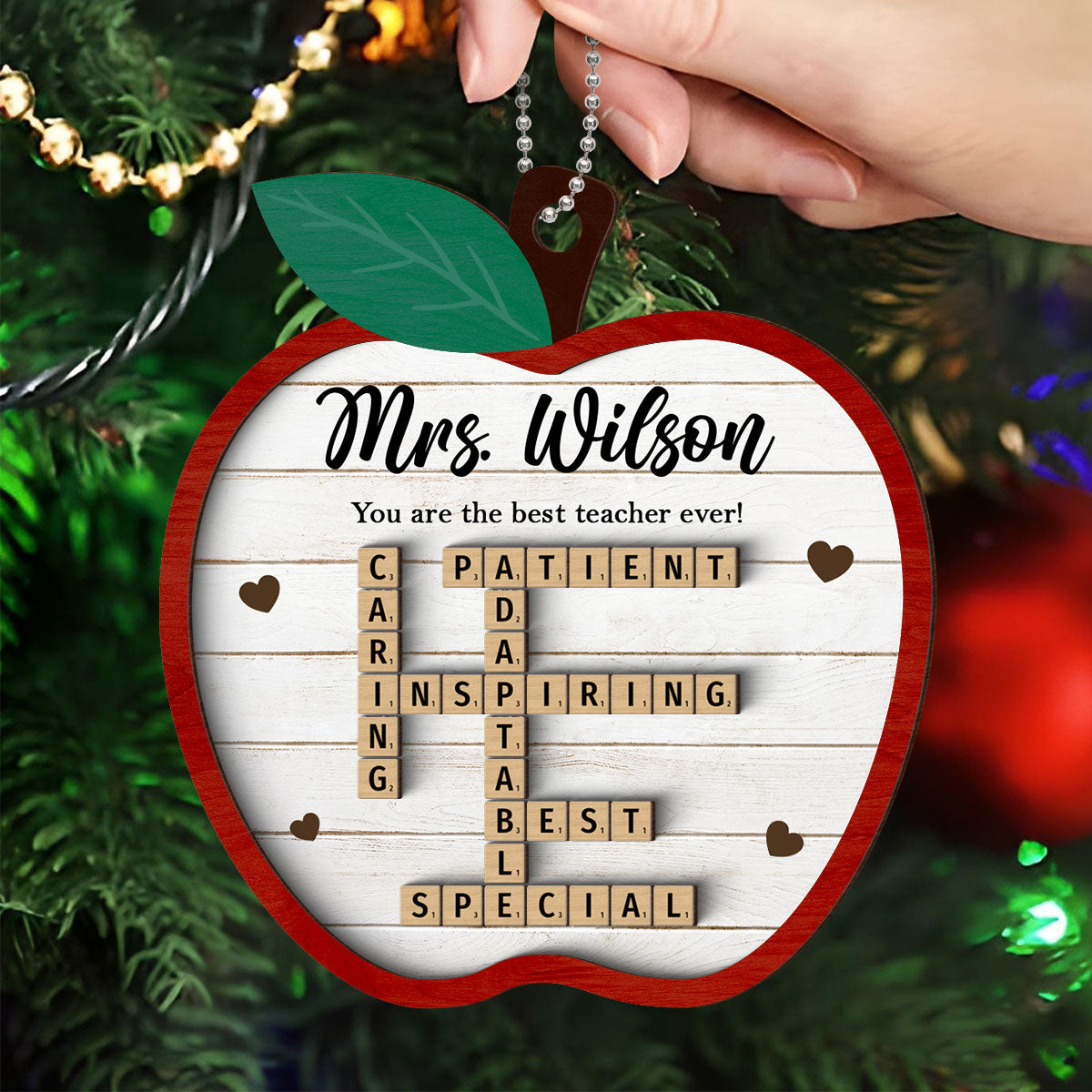 Best Teacher Ever Appreciation Crossword Puzzle Art Personalized 2-Layer Wooden Ornament, Christmas Gift For Teacher