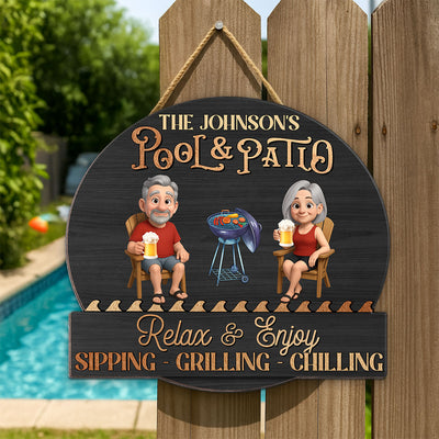 Summer Couple Pool & Patio Sipping Chilling - Personalized Custom Shaped Wood Sign