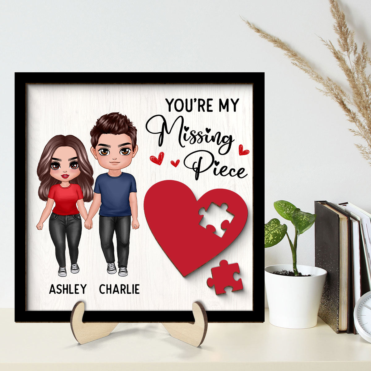 Standing Doll Couple Missing Piece Red Heart Valentine‘s Day Gift For Her Gift For Him Personalized 2-Layer Wooden Plaque
