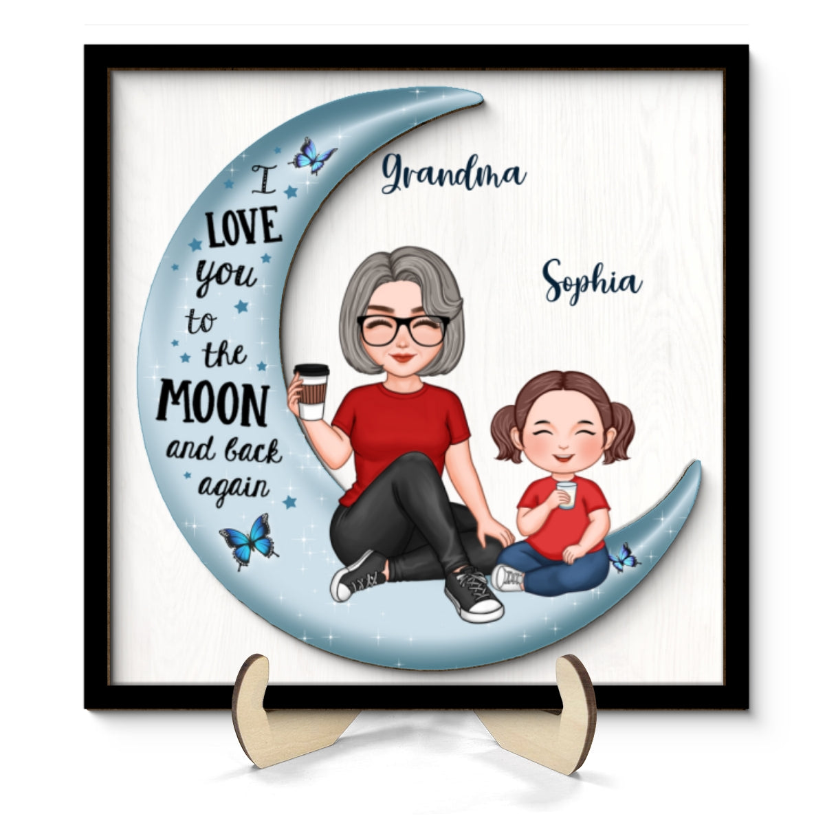 Cute Grandma & Grandkid On Moon Gift For Granddaughter Grandson Grandma Personalized 2-Layer Wooden Plaque