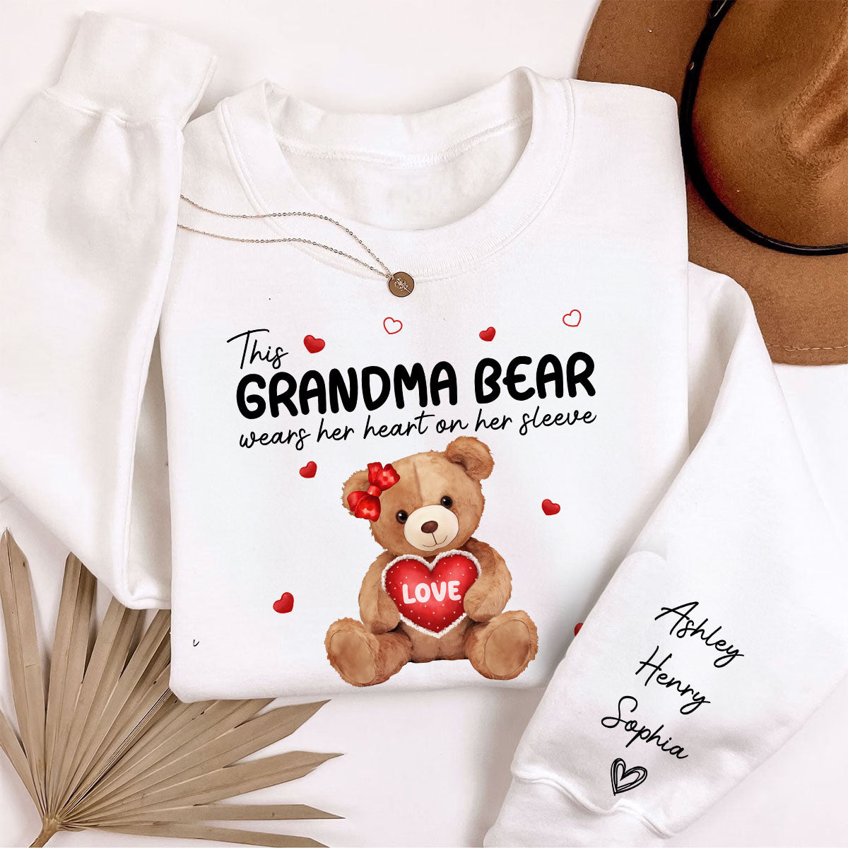 Grandma Mom Auntie Bear Wears Her Heart On Her Sleeve Personalized Sleeve Printed Sweatshirt