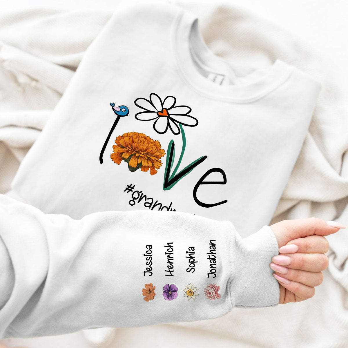 Love Grandma Life Mom Life Birth Month Flowers Personalized Sleeve Printed Sweatshirt, Mother's day gift for Moms, for Grandmas