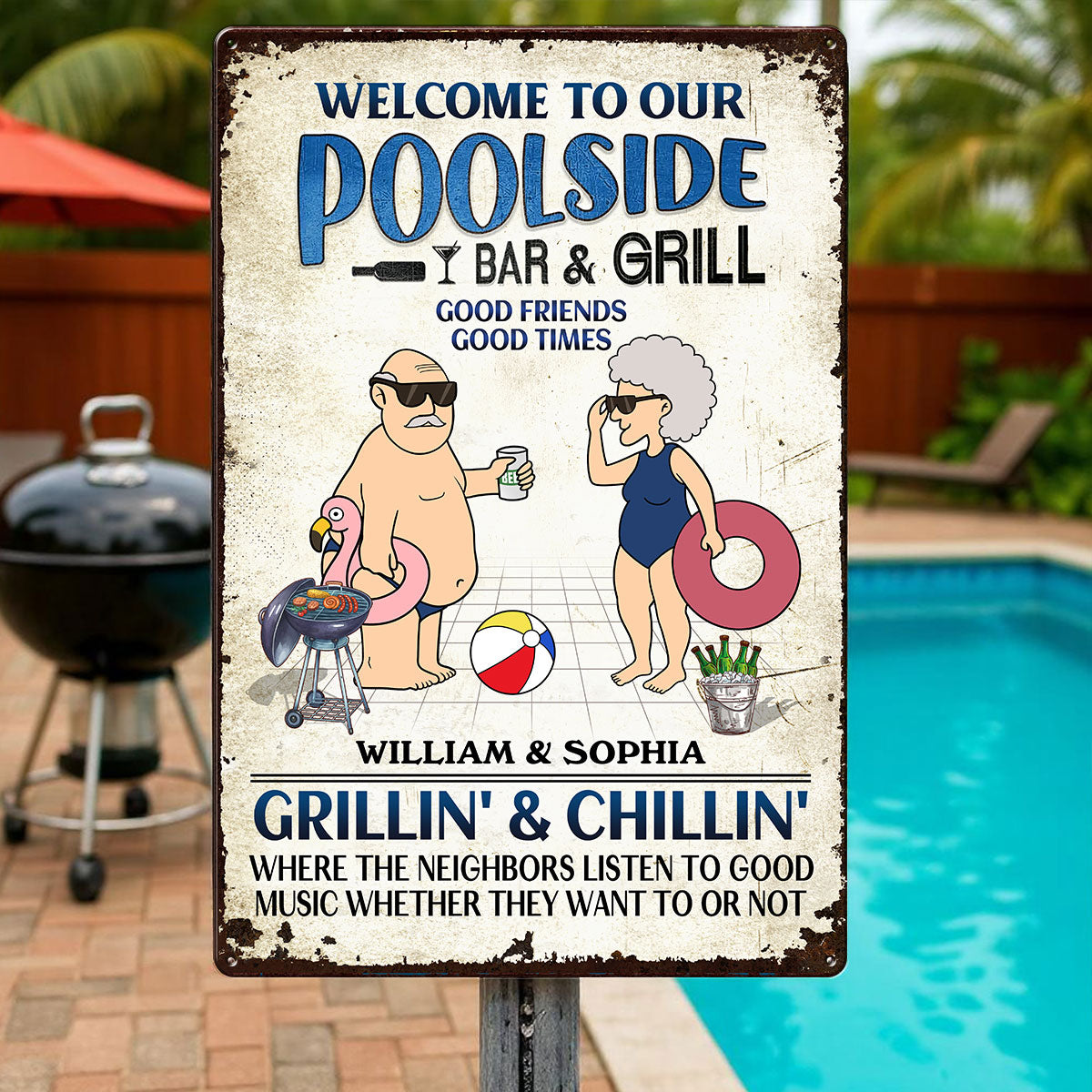 Welcome To Our Poolside Funny Old Couple Personalized Metal Sign