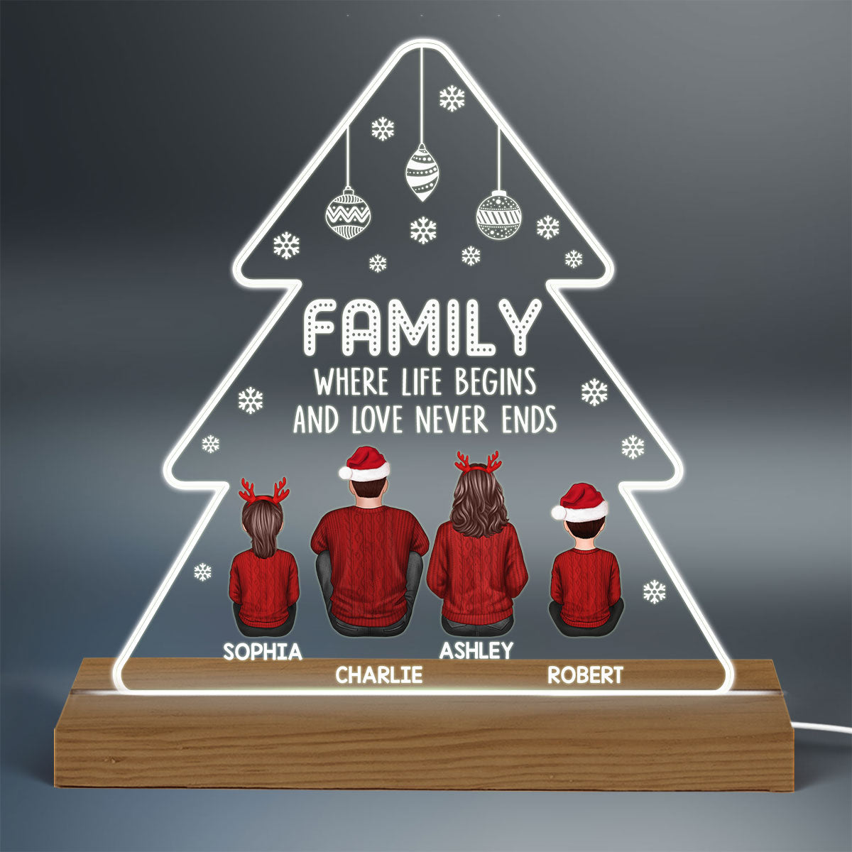 Family Back View Personalized Christmas Tree Shaped Acrylic Plaque With LED Night Light