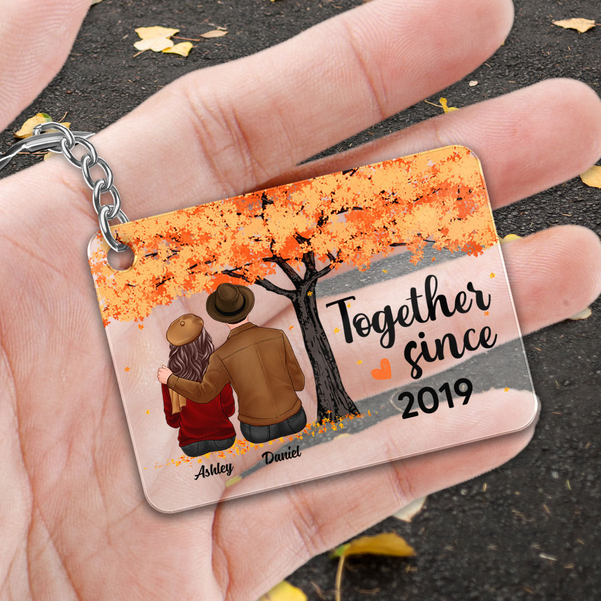 I Met You I Love You Fall Season Couple Under Tree Personalized Acrylic Keychain