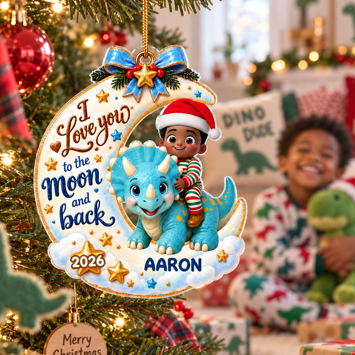Kid & Dinosaur On Moon - Personalized Acrylic Ornament - Christmas Gift For Grandkid, Boys, Girls