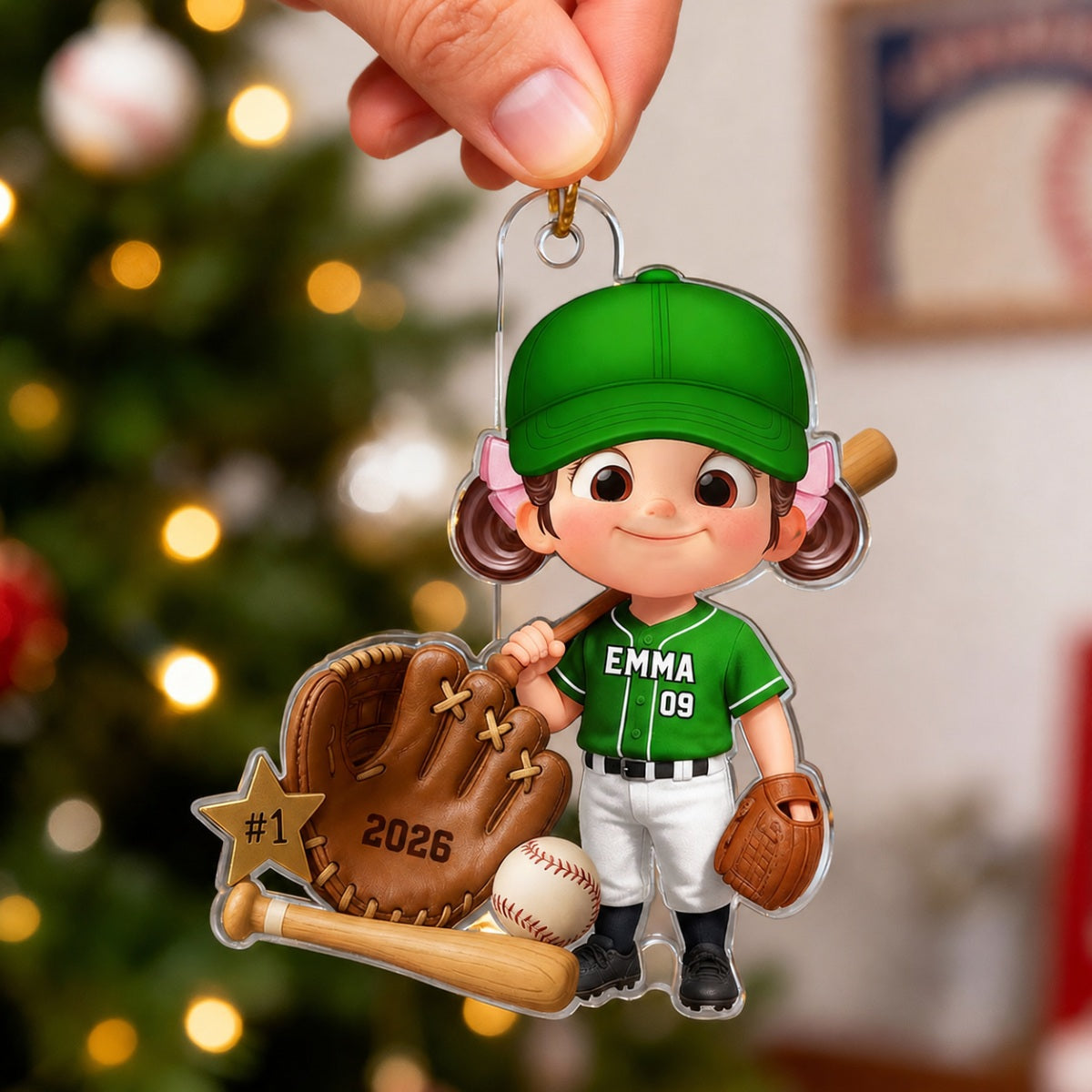 Baseball Player With Baseball Mitt Bat Ball - Personalized Acrylic Ornament - Gift For Kids, Grandkids