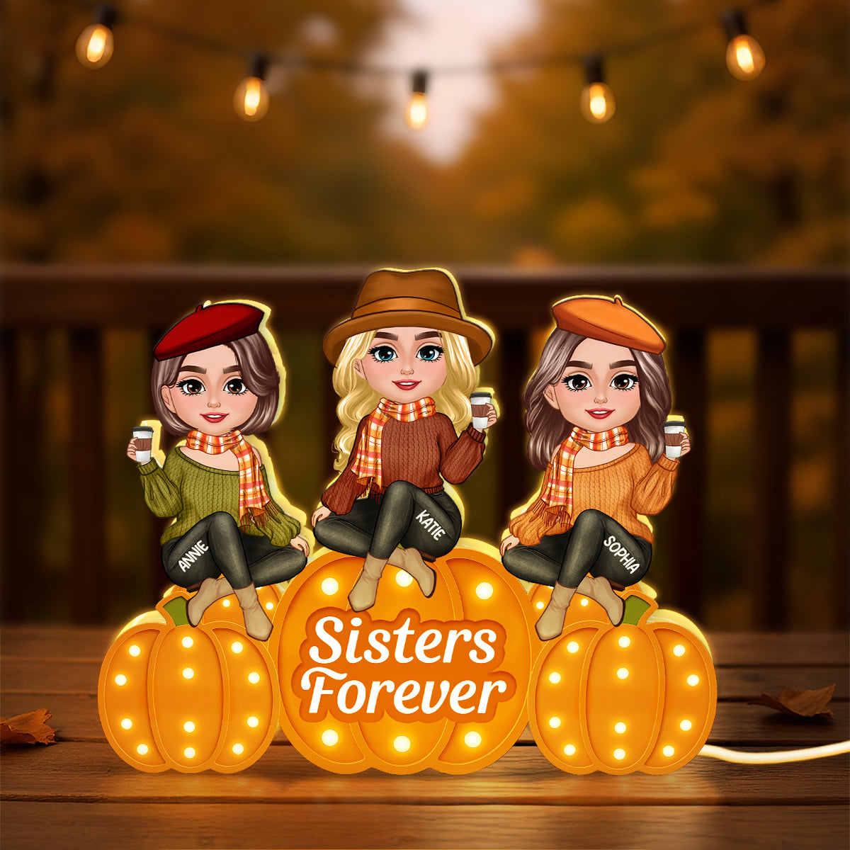 Fall Season Sisters On Marquee Pattern Texture Pumpkins Personalized LED Light Box