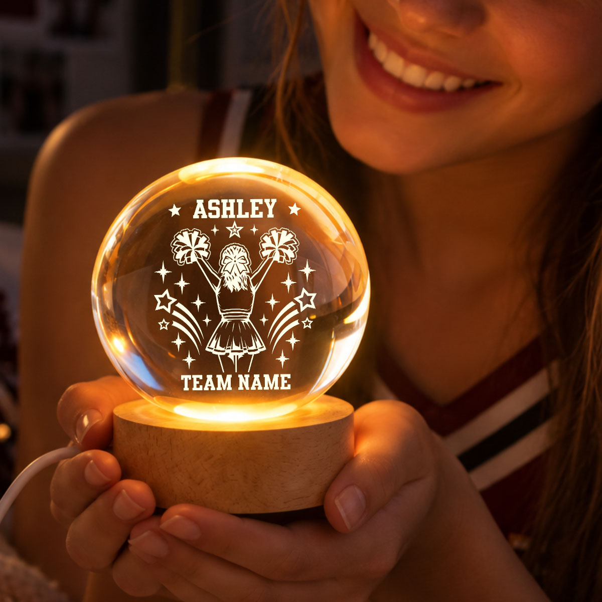 Proud Cheerleader Custom Name And Team Name - Personalized Crystal Ball LED Night Light - Christmas Gift For Cheerleaders, Daughter, Granddaughter