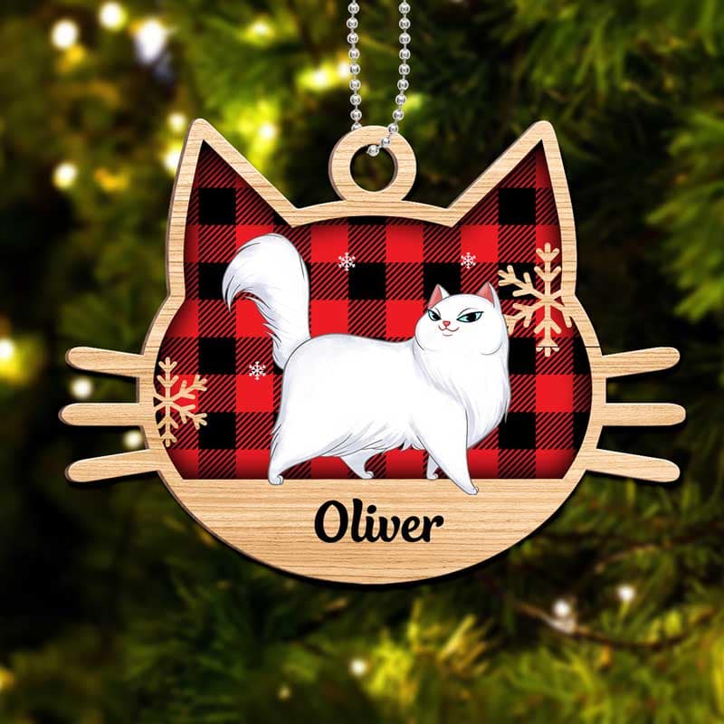 Checkered Cartoon Walking Cat Personalized Wooden Ornament
