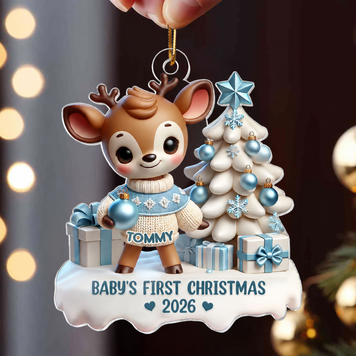 3D Effect Cute Reindeer Baby's First Christmas Personalized Acrylic Ornament, Christmas Gift For Newborns, New Parents