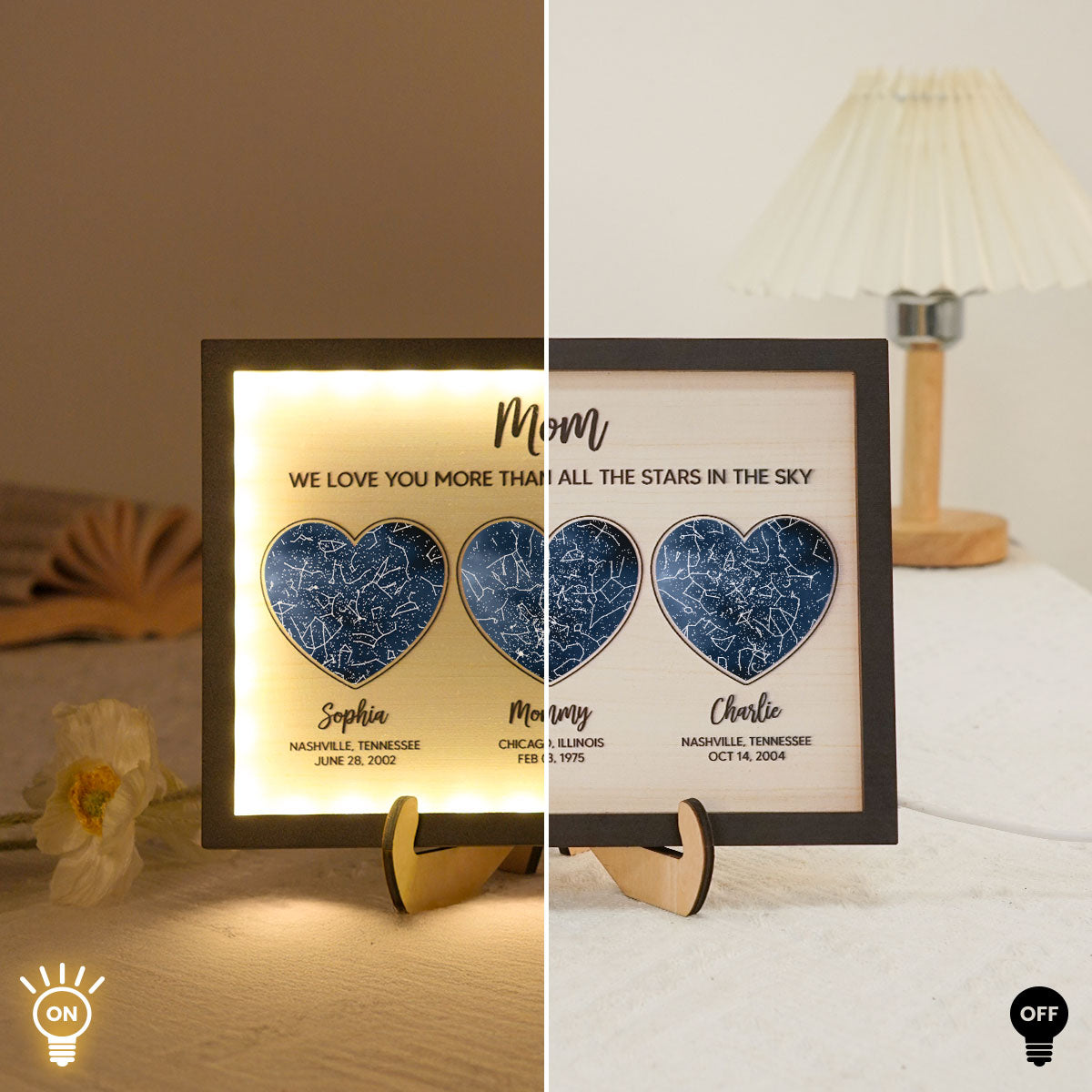 Mom We Love You More than All the Stars in the Ky, Custom Star Map by Location & Date, Personalized 2-Layered Wooden Plaque with LED, Gift for Mom from Daughter, Son, Heartfelt Gift