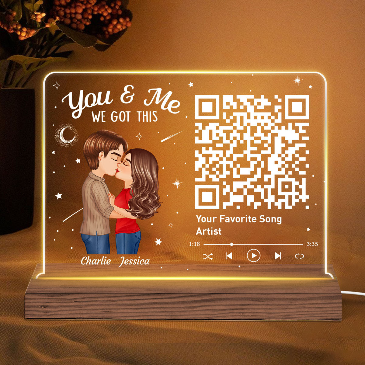 Couple Kissing Under Stars Sky Gift For Him For Her Personalized Custom Shape Acrylic Plaque Warm LED Night Light