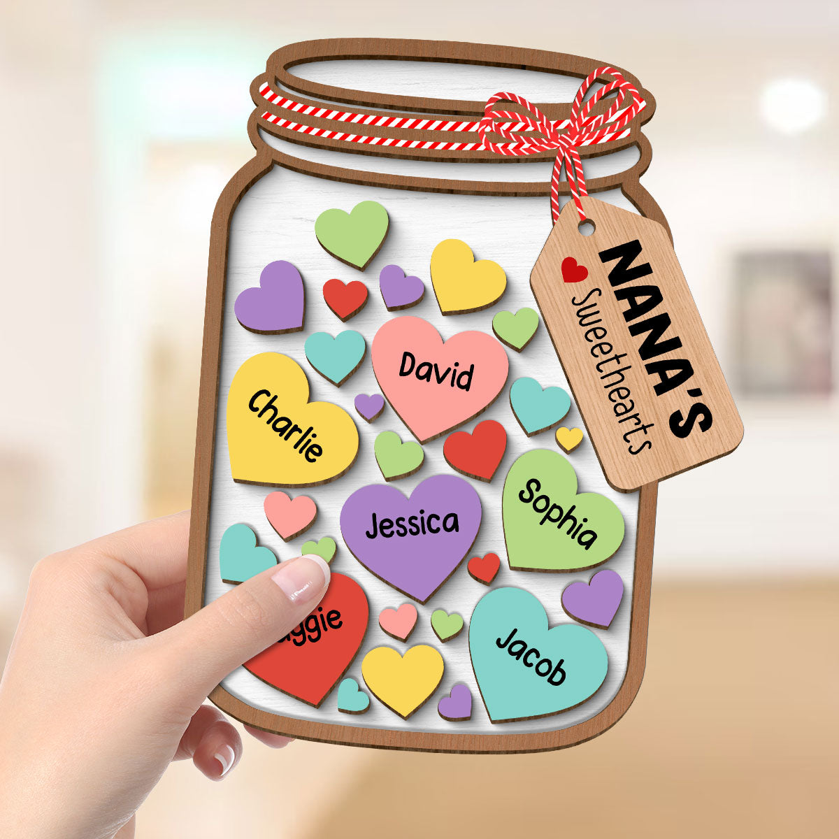 Grandma Mom Colorful Sweethearts Mason Jar Personalized 2-layer Wooden Plaque