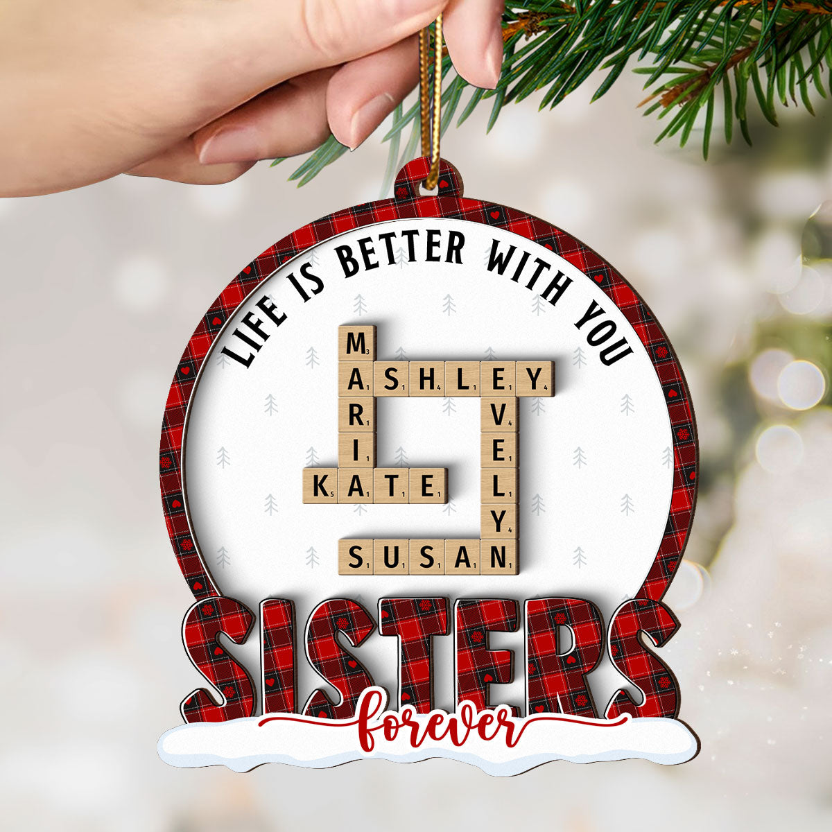 Congrats On Being My Besties Sisters Crossword Puzzle Art Personalized 2-Layer Wooden Ornament, Unique Christmas Gift For Besties Sisters